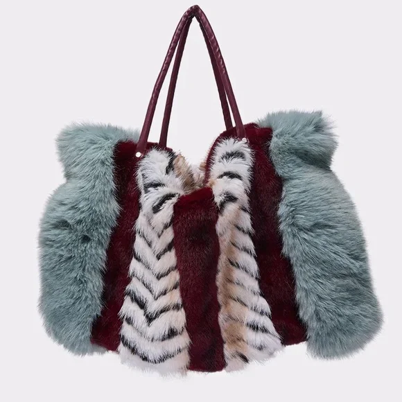 Akira HAVE IT ALL FAUX FUR TOTE Luxurious Multicolor Tote Bag Burgundy Blue - Picture 3 of 7